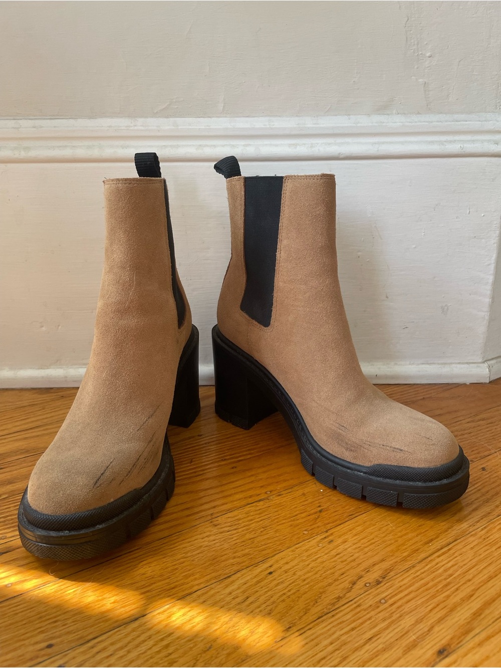 Women's Tan Suede Marc Fisher Chelsea Block Heel Boot